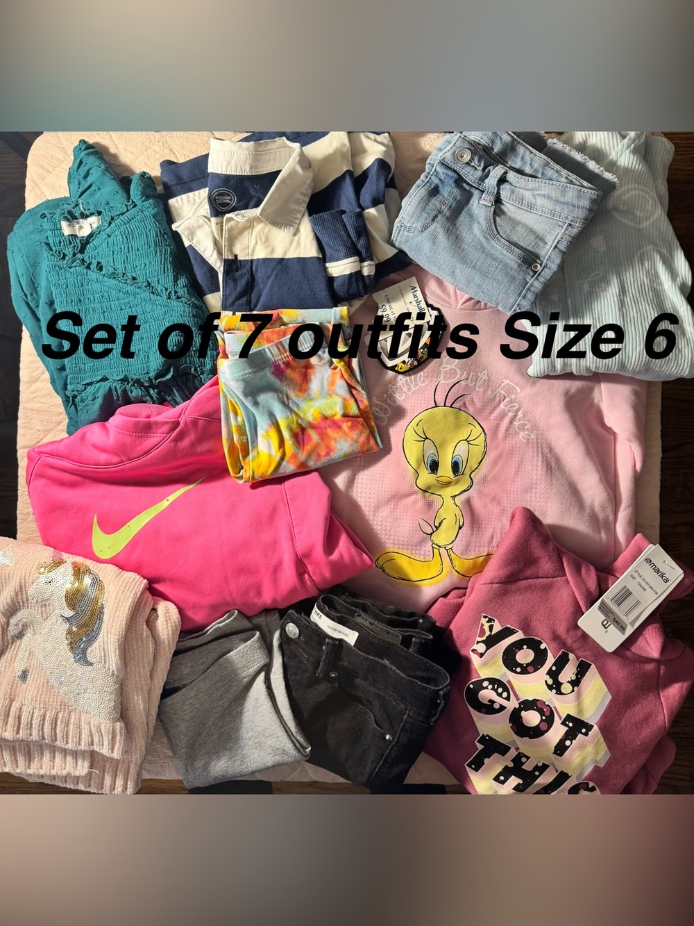 Bundle set of 7 outfits, 2 dresses, 5 tops/bottoms long sleeve 12 total pieces
